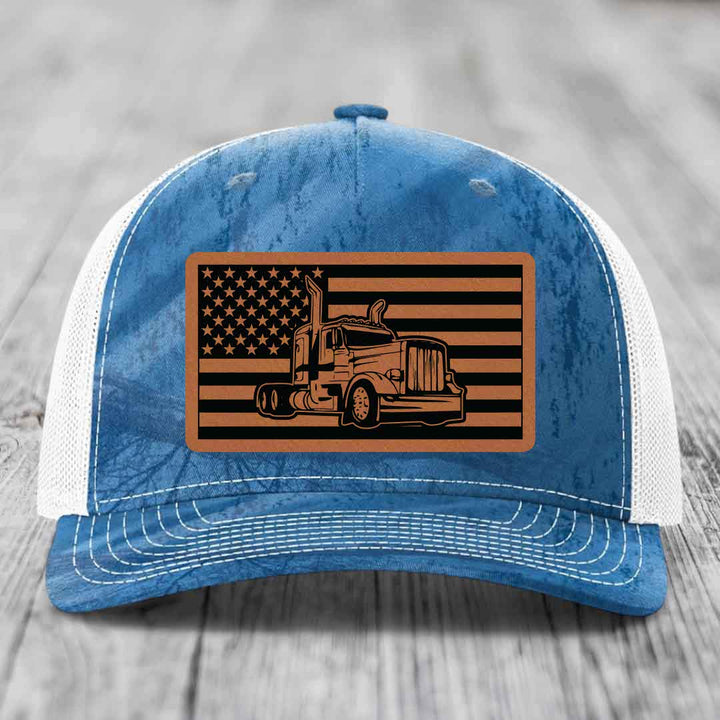 American Flag Peterbilt Truck - Leather Patch Hat - Rawhide to Black Patch - Richardson 112PFP Snapback Trucker Hat