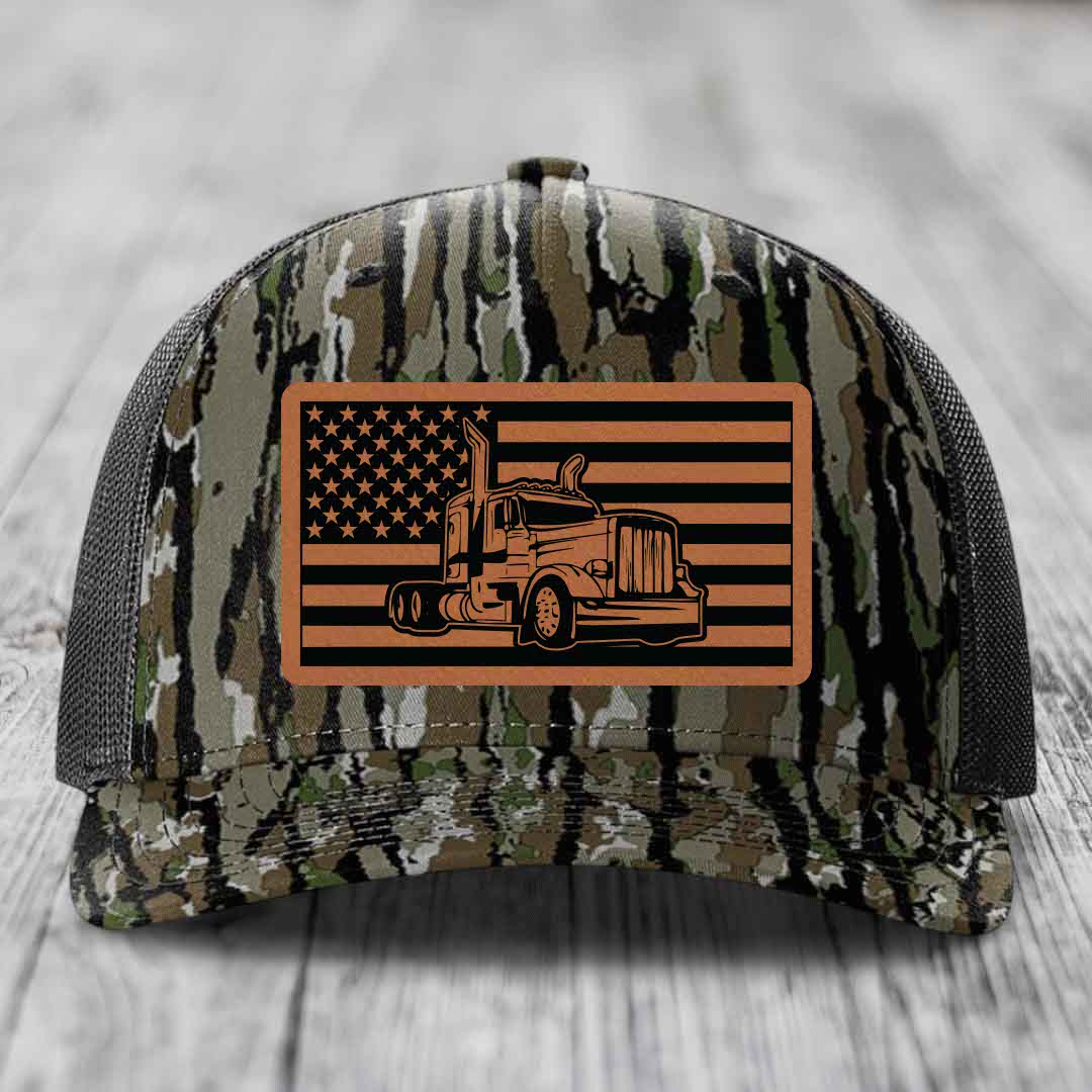 American Flag Peterbilt Truck - Leather Patch Hat - Rawhide to Black Patch - Richardson 112PFP Snapback Trucker Hat