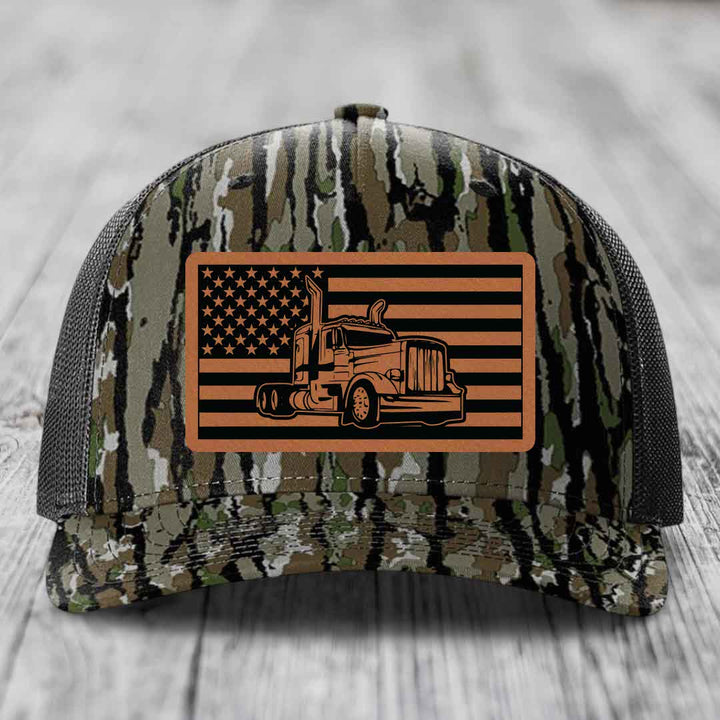 American Flag Peterbilt Truck - Leather Patch Hat - Rawhide to Black Patch - Richardson 112PFP Snapback Trucker Hat