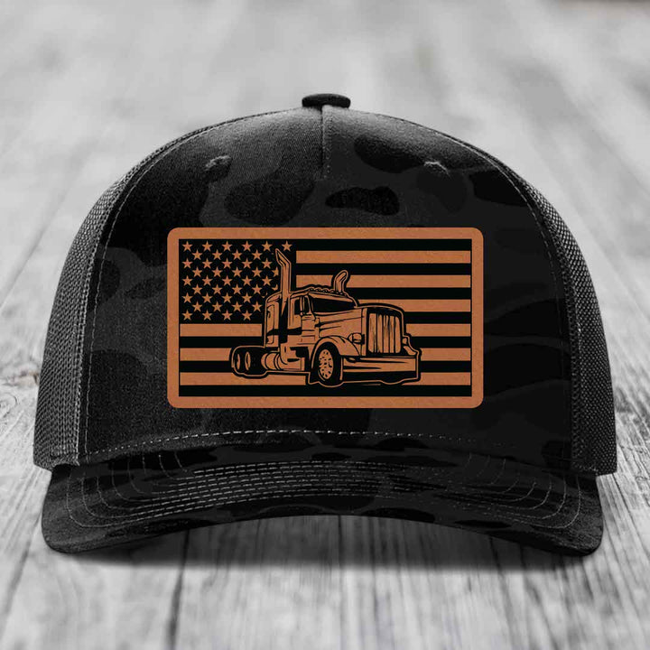 American Flag Peterbilt Truck - Leather Patch Hat - Rawhide to Black Patch - Richardson 112PFP Snapback Trucker Hat