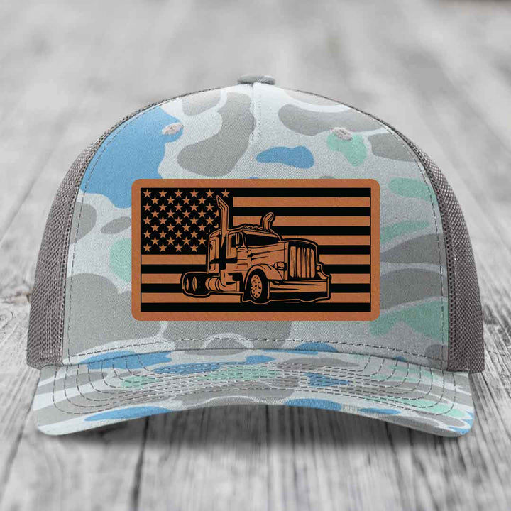 American Flag Peterbilt Truck - Leather Patch Hat - Rawhide to Black Patch - Richardson 112PFP Snapback Trucker Hat
