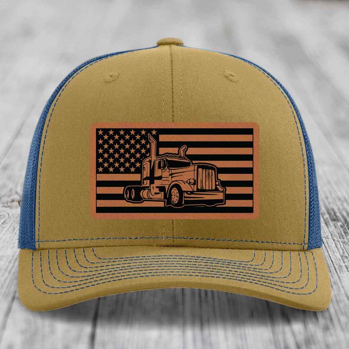 American Flag Peterbilt Truck - Leather Patch Hat - Rawhide to Black Patch - Richardson 112 Snapback Trucker Hat