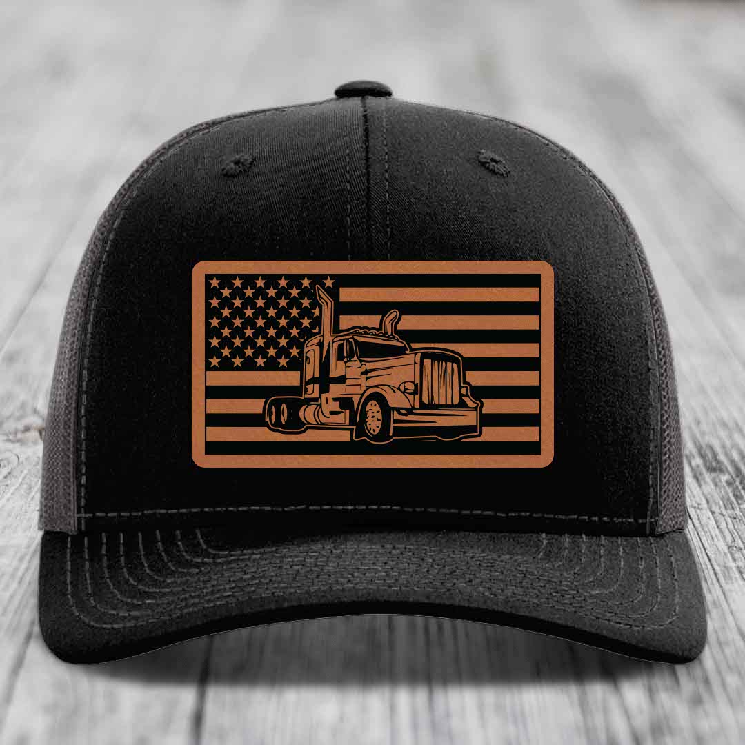 American Flag Peterbilt Truck - Leather Patch Hat - Rawhide to Black Patch - Richardson 112 Snapback Trucker Hat