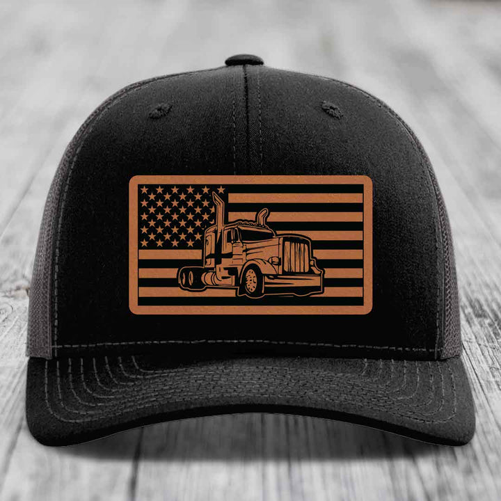 American Flag Peterbilt Truck - Leather Patch Hat - Rawhide to Black Patch - Richardson 112 Snapback Trucker Hat