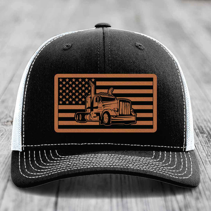 American Flag Peterbilt Truck - Leather Patch Hat - Rawhide to Black Patch - Richardson 112 Snapback Trucker Hat