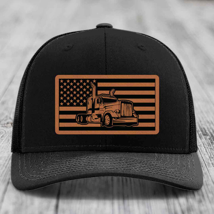 American Flag Peterbilt Truck - Leather Patch Hat - Rawhide to Black Patch - Richardson 112 Snapback Trucker Hat