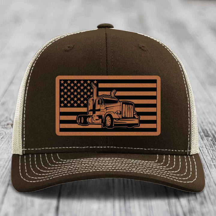 American Flag Peterbilt Truck - Leather Patch Hat - Rawhide to Black Patch - Richardson 112 Snapback Trucker Hat