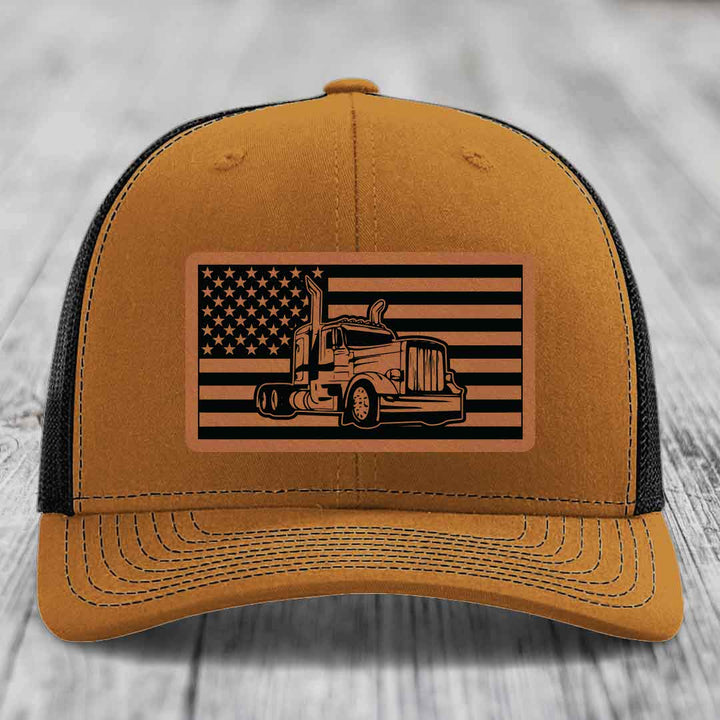 American Flag Peterbilt Truck - Leather Patch Hat - Rawhide to Black Patch - Richardson 112 Snapback Trucker Hat
