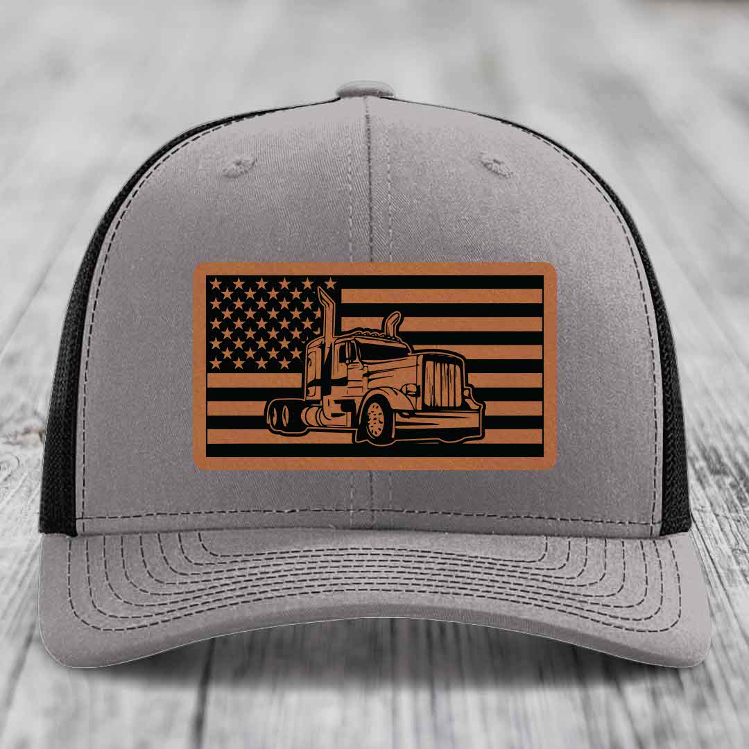 American Flag Peterbilt Truck - Leather Patch Hat - Rawhide to Black Patch - Richardson 112 Snapback Trucker Hat