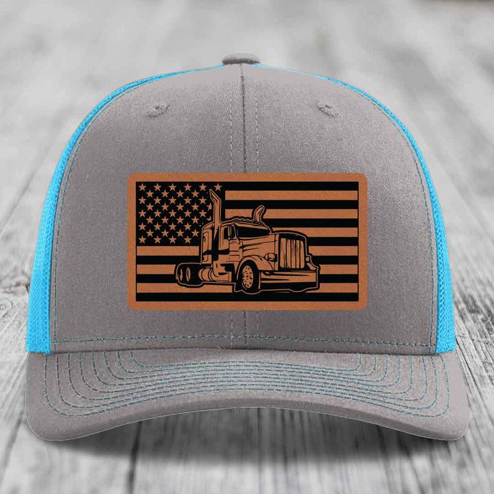 American Flag Peterbilt Truck - Leather Patch Hat - Rawhide to Black Patch - Richardson 112 Snapback Trucker Hat