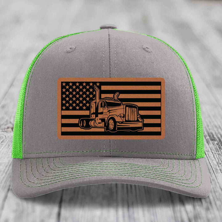 American Flag Peterbilt Truck - Leather Patch Hat - Rawhide to Black Patch - Richardson 112 Snapback Trucker Hat