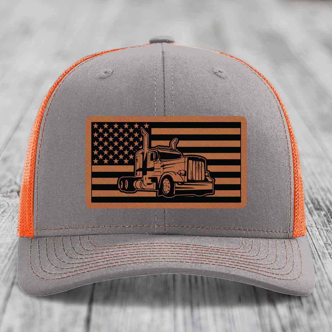 American Flag Peterbilt Truck - Leather Patch Hat - Rawhide to Black Patch - Richardson 112 Snapback Trucker Hat