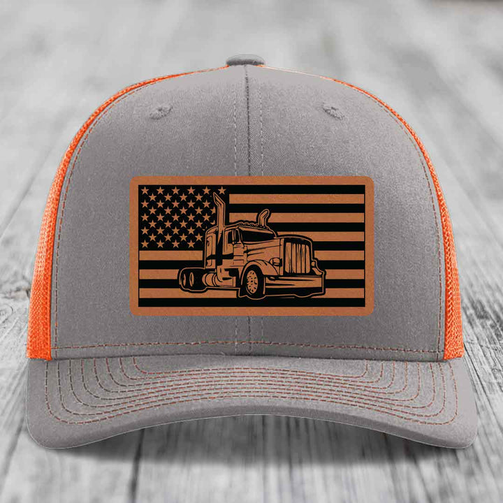 American Flag Peterbilt Truck - Leather Patch Hat - Rawhide to Black Patch - Richardson 112 Snapback Trucker Hat