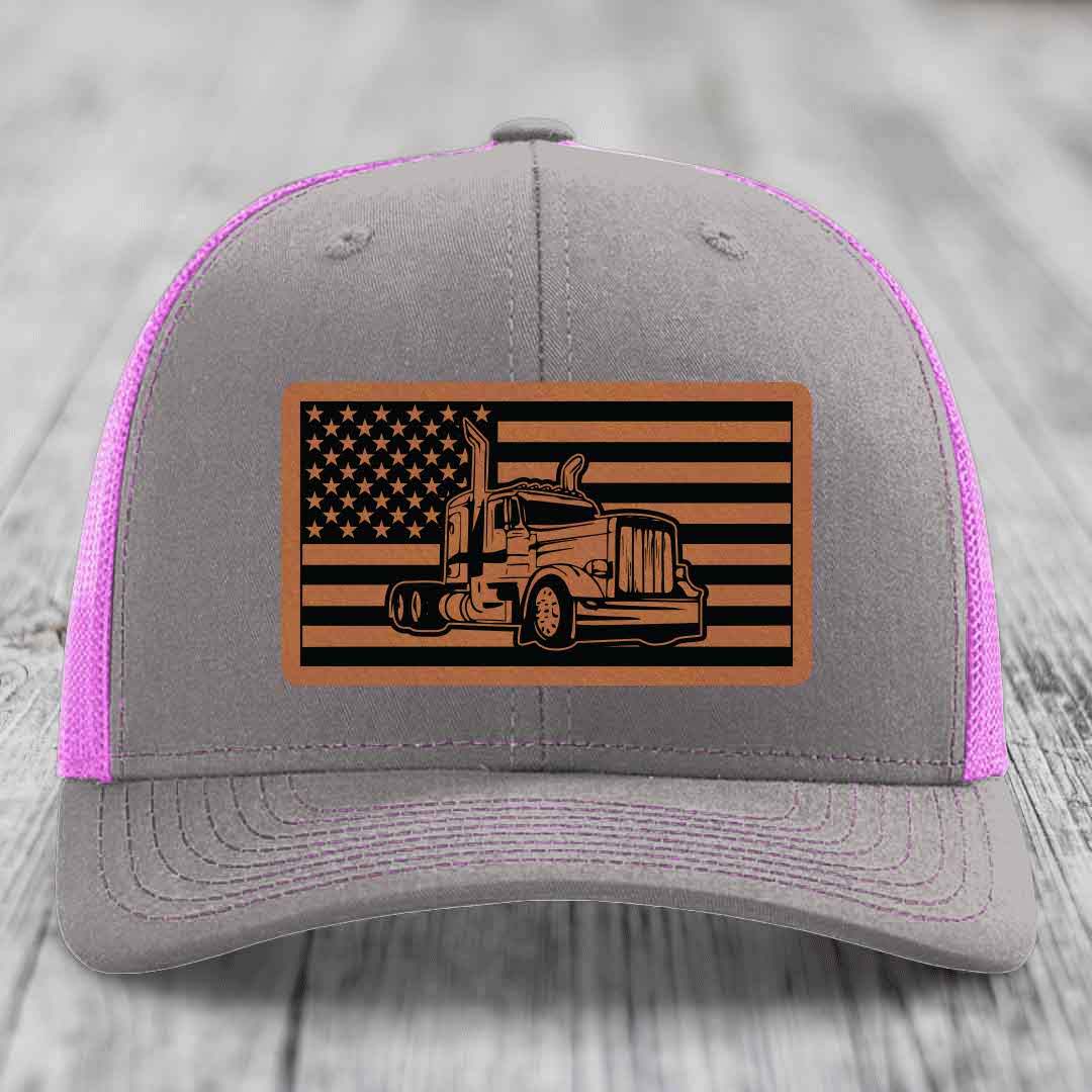 American Flag Peterbilt Truck - Leather Patch Hat - Rawhide to Black Patch - Richardson 112 Snapback Trucker Hat