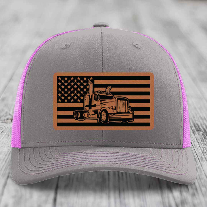 American Flag Peterbilt Truck - Leather Patch Hat - Rawhide to Black Patch - Richardson 112 Snapback Trucker Hat