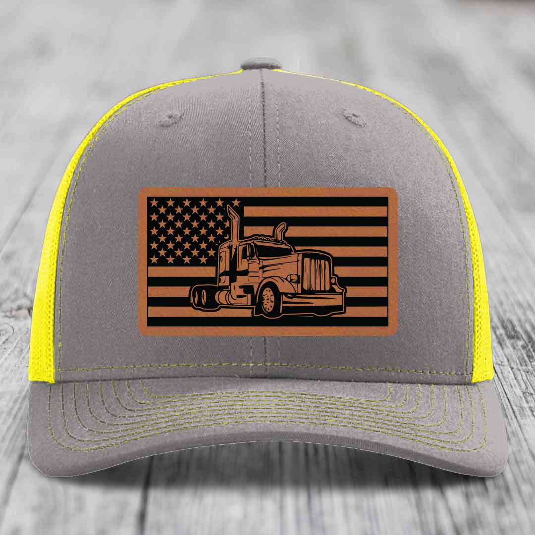 American Flag Peterbilt Truck - Leather Patch Hat - Rawhide to Black Patch - Richardson 112 Snapback Trucker Hat