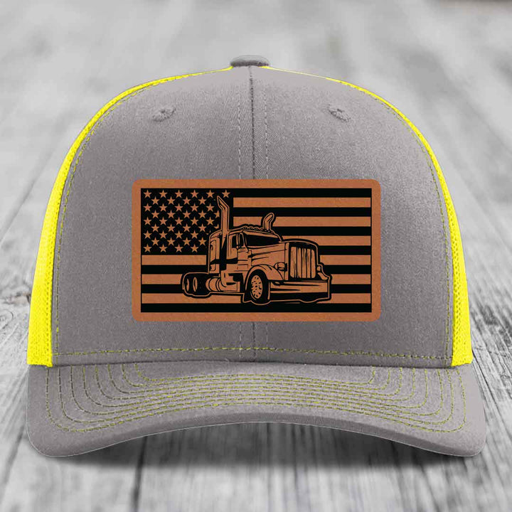 American Flag Peterbilt Truck - Leather Patch Hat - Rawhide to Black Patch - Richardson 112 Snapback Trucker Hat