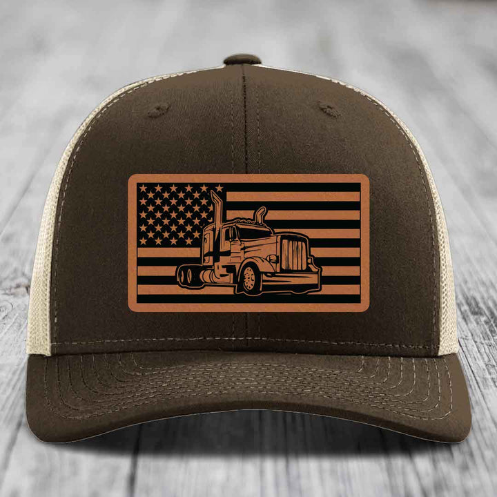 American Flag Peterbilt Truck - Leather Patch Hat - Rawhide to Black Patch - Richardson 112 Snapback Trucker Hat