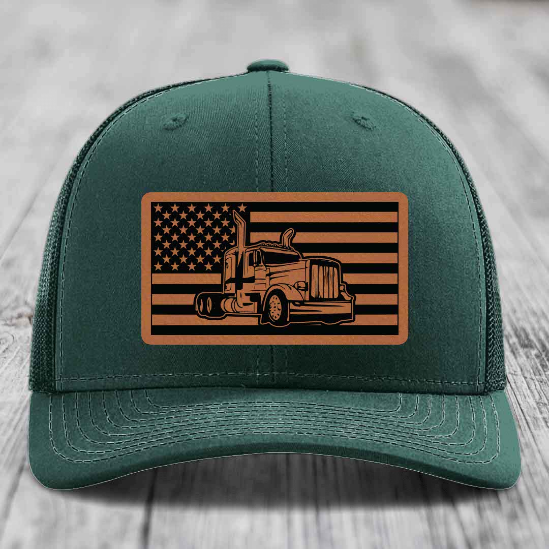 American Flag Peterbilt Truck - Leather Patch Hat - Rawhide to Black Patch - Richardson 112 Snapback Trucker Hat