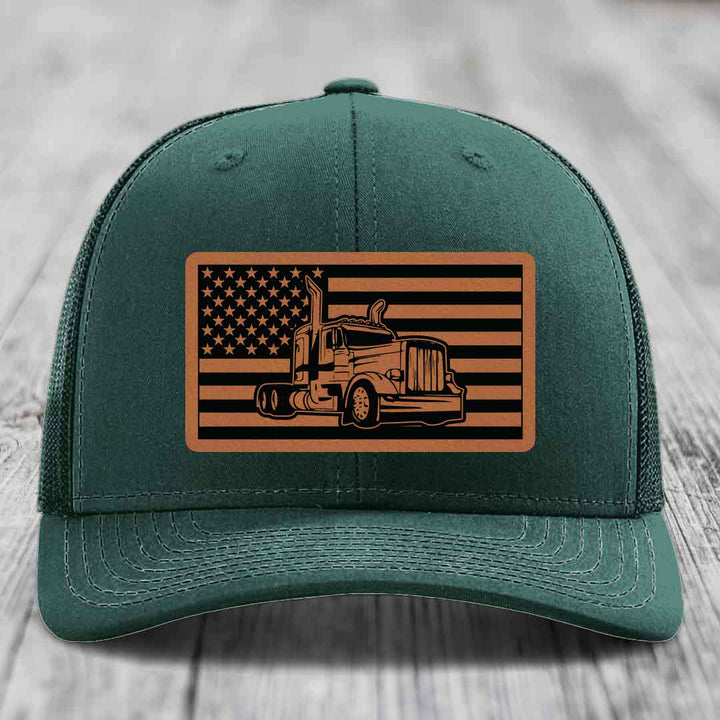 American Flag Peterbilt Truck - Leather Patch Hat - Rawhide to Black Patch - Richardson 112 Snapback Trucker Hat