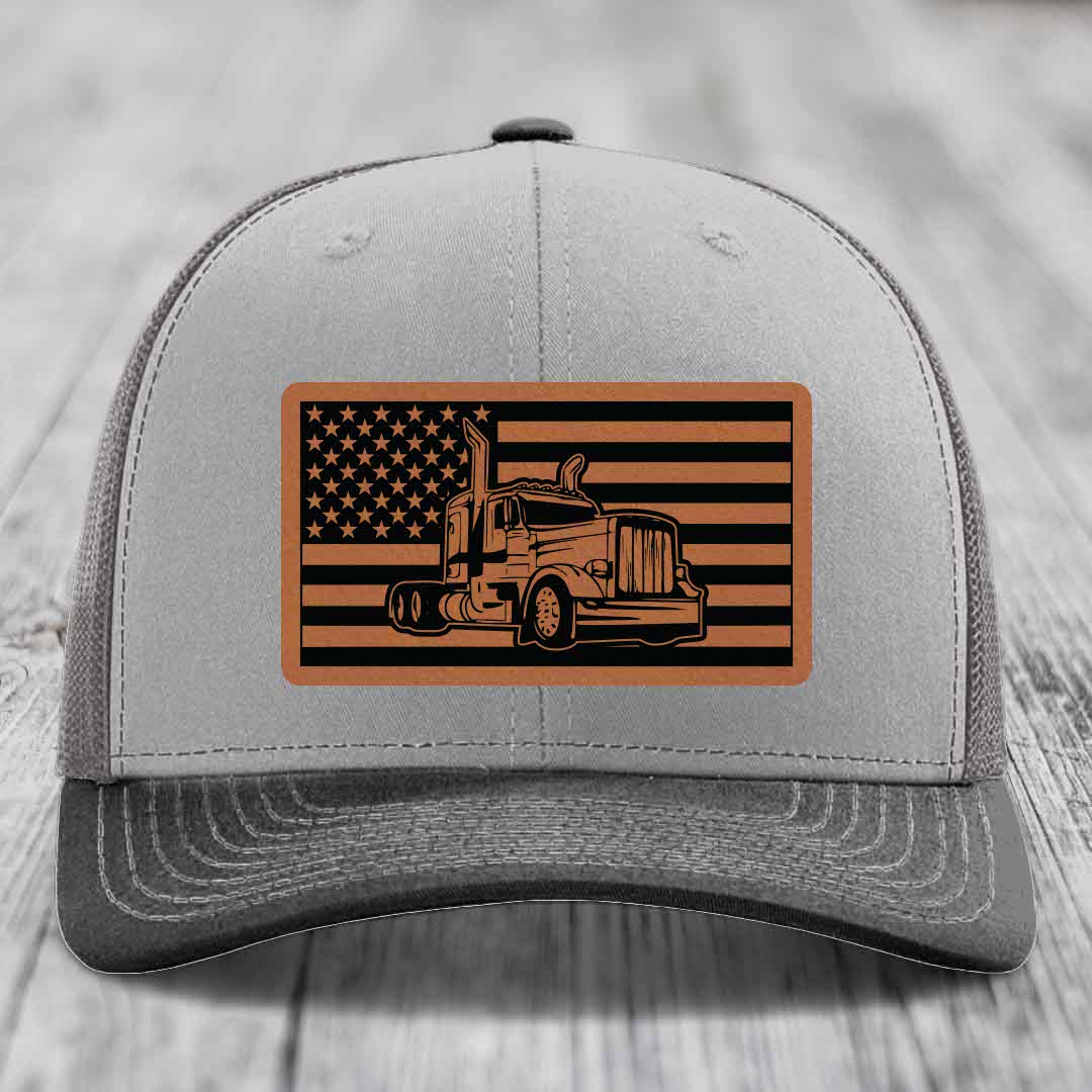 American Flag Peterbilt Truck - Leather Patch Hat - Rawhide to Black Patch - Richardson 112 Snapback Trucker Hat