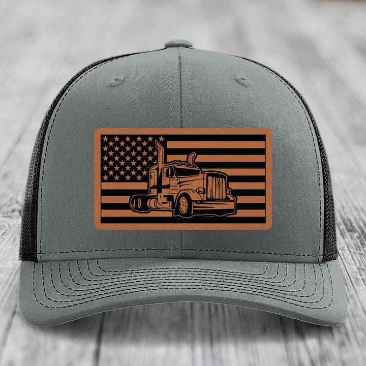 American Flag Peterbilt Truck - Leather Patch Hat - Rawhide to Black Patch - Richardson 112 Snapback Trucker Hat