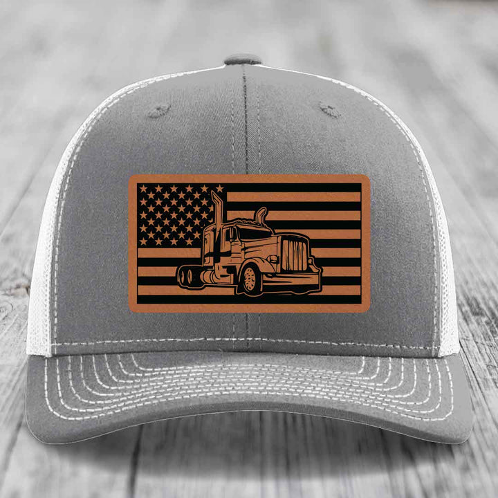 American Flag Peterbilt Truck - Leather Patch Hat - Rawhide to Black Patch - Richardson 112 Snapback Trucker Hat
