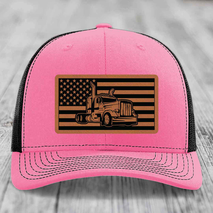 American Flag Peterbilt Truck - Leather Patch Hat - Rawhide to Black Patch - Richardson 112 Snapback Trucker Hat