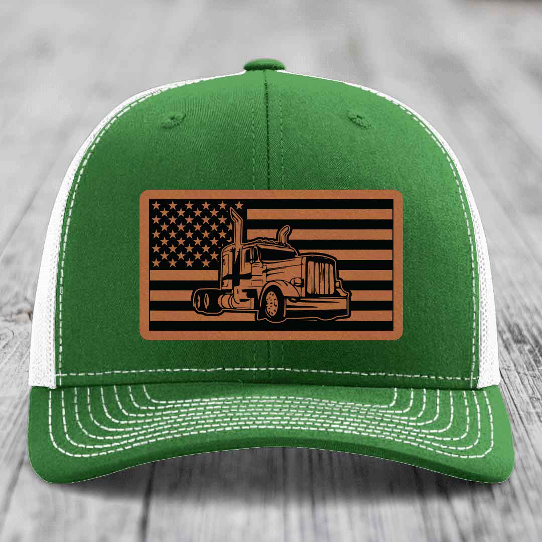 American Flag Peterbilt Truck - Leather Patch Hat - Rawhide to Black Patch - Richardson 112 Snapback Trucker Hat