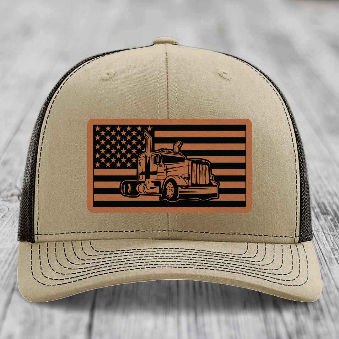 American Flag Peterbilt Truck - Leather Patch Hat - Rawhide to Black Patch - Richardson 112 Snapback Trucker Hat