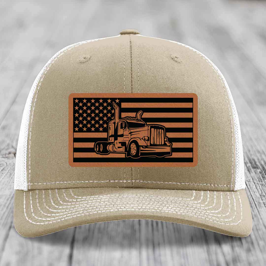 American Flag Peterbilt Truck - Leather Patch Hat - Rawhide to Black Patch - Richardson 112 Snapback Trucker Hat
