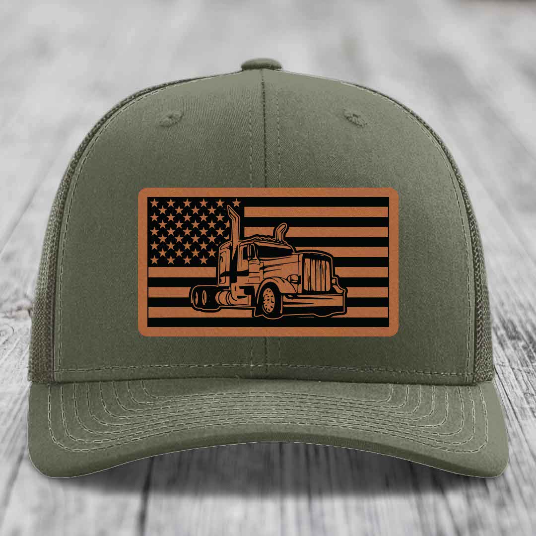 American Flag Peterbilt Truck - Leather Patch Hat - Rawhide to Black Patch - Richardson 112 Snapback Trucker Hat