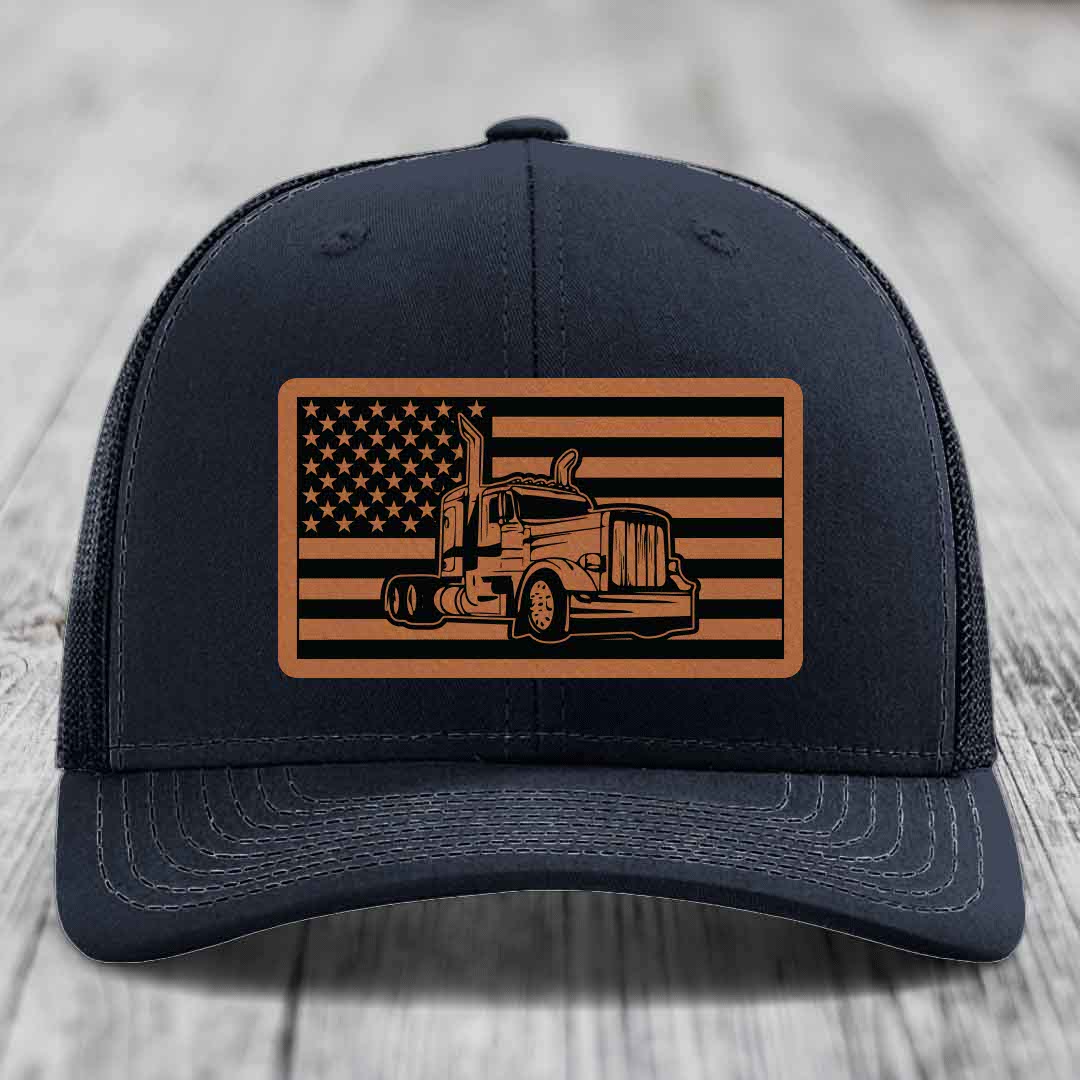 American Flag Peterbilt Truck - Leather Patch Hat - Rawhide to Black Patch - Richardson 112 Snapback Trucker Hat