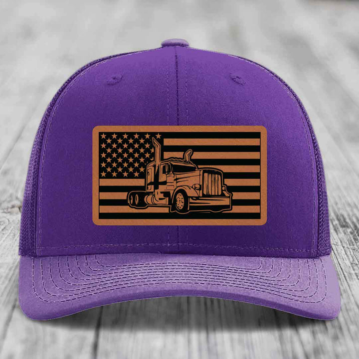 American Flag Peterbilt Truck - Leather Patch Hat - Rawhide to Black Patch - Richardson 112 Snapback Trucker Hat