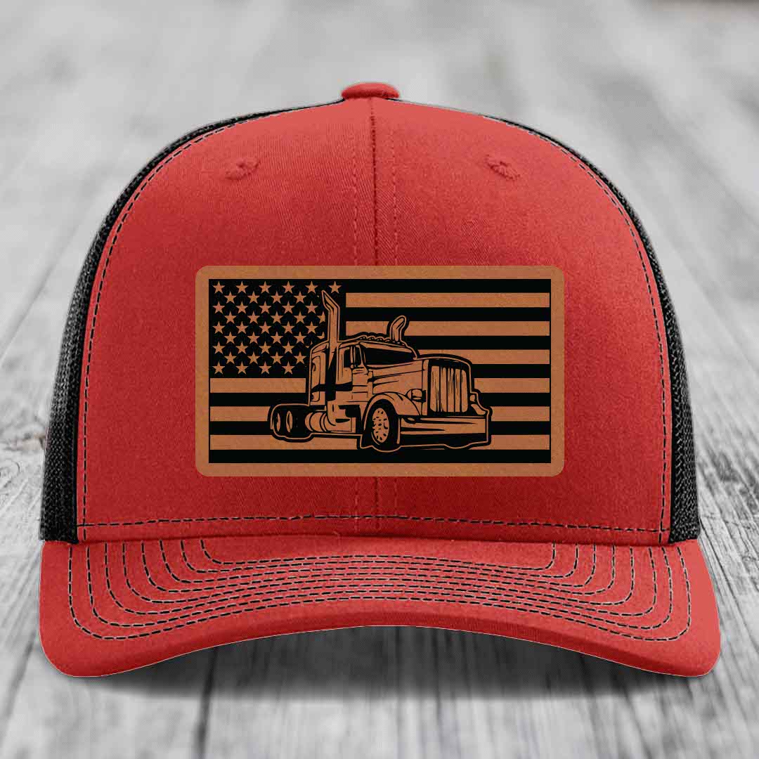 American Flag Peterbilt Truck - Leather Patch Hat - Rawhide to Black Patch - Richardson 112 Snapback Trucker Hat