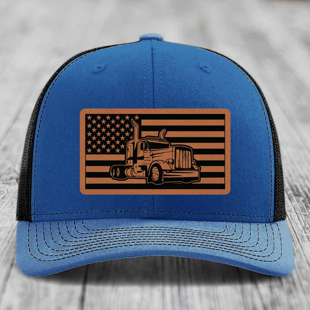 American Flag Peterbilt Truck - Leather Patch Hat - Rawhide to Black Patch - Richardson 112 Snapback Trucker Hat