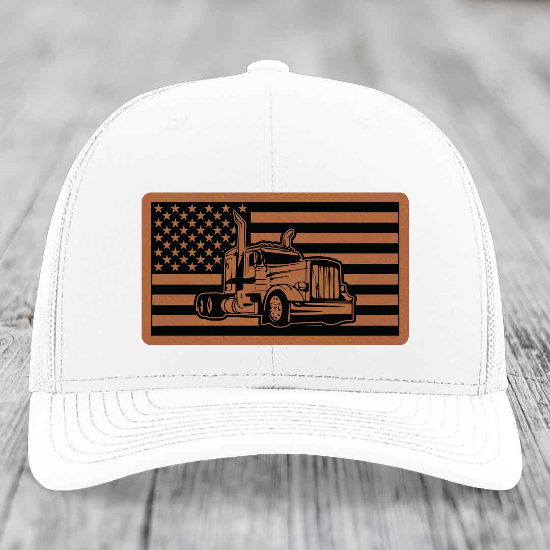 American Flag Peterbilt Truck - Leather Patch Hat - Rawhide to Black Patch - Richardson 112 Snapback Trucker Hat