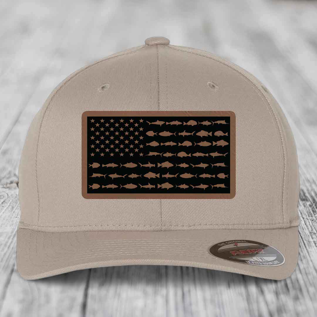 Beige baseball cap with American flag patch made of fish silhouettes and stars.
