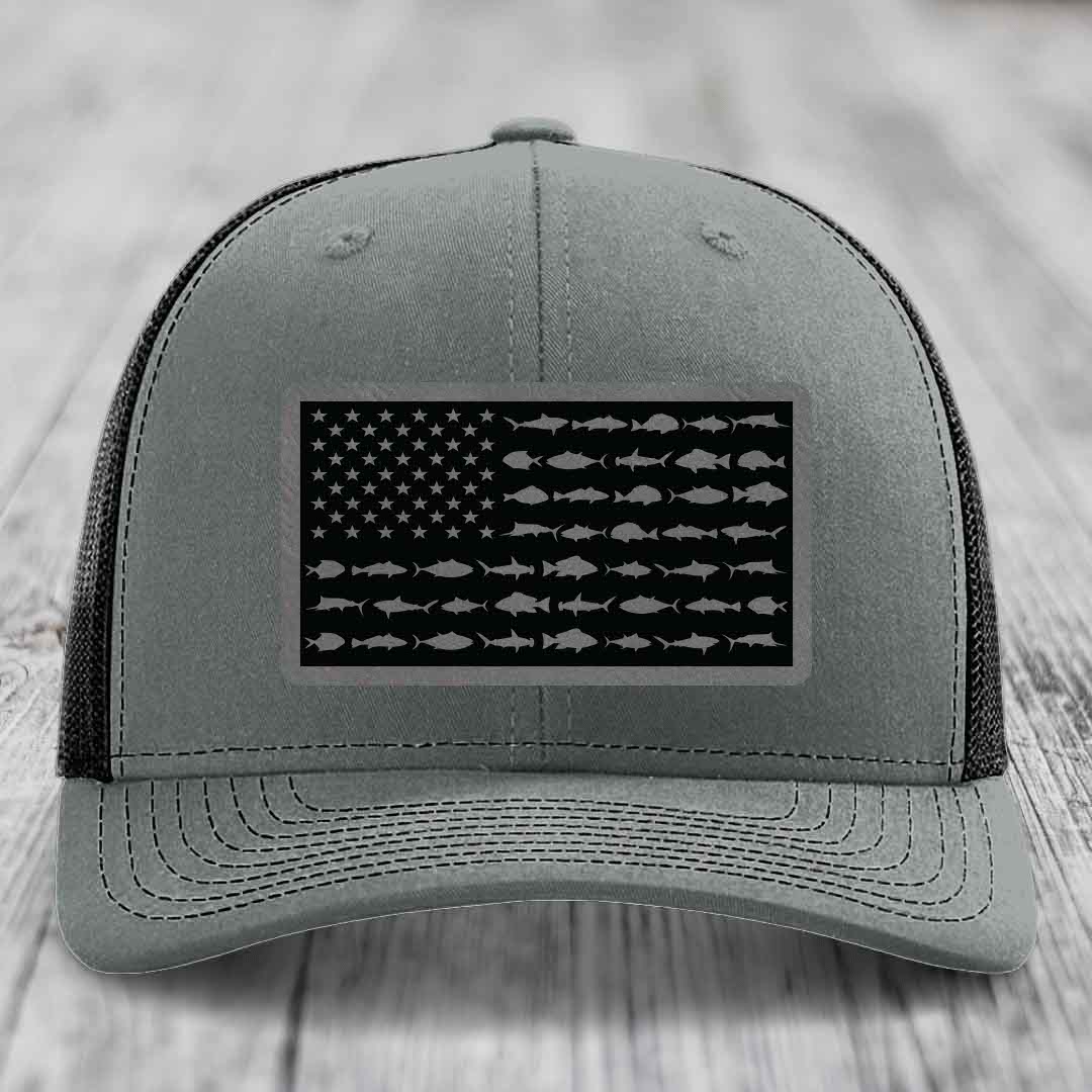 American Flag Saltwater Fish - Leather Patch Hat - Grey to Black Patch - Richardson 112 Snapback Trucker Hat