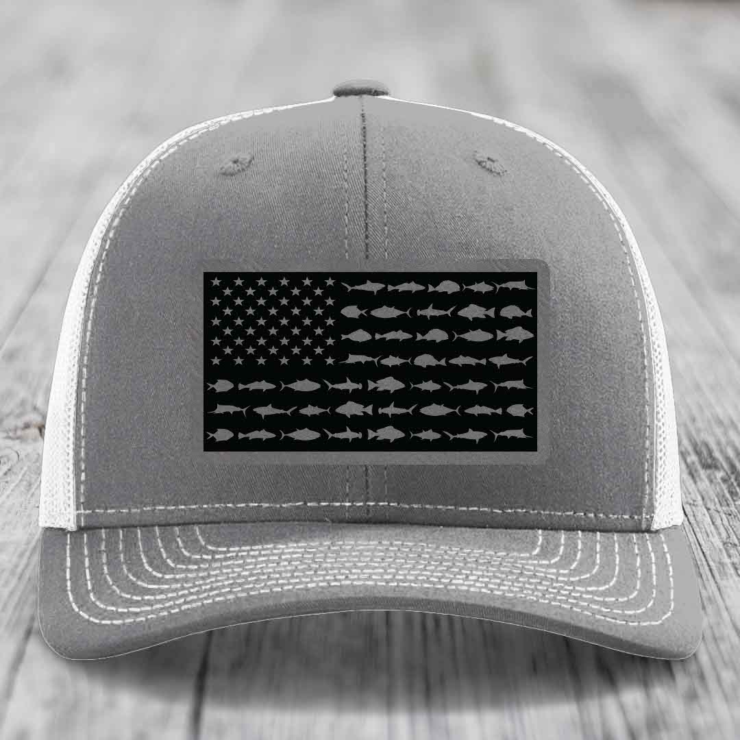 American Flag Saltwater Fish - Leather Patch Hat - Grey to Black Patch - Richardson 112 Snapback Trucker Hat