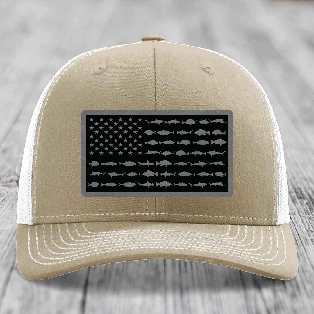 Tan trucker hat with American flag patch made of saltwater fish silhouettes.