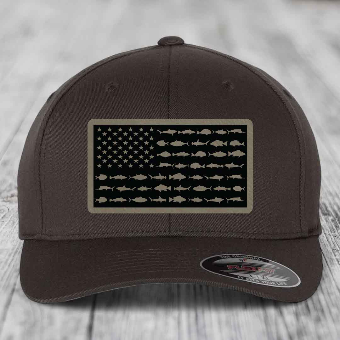 Brown baseball cap with American flag patch made of saltwater fish silhouettes.