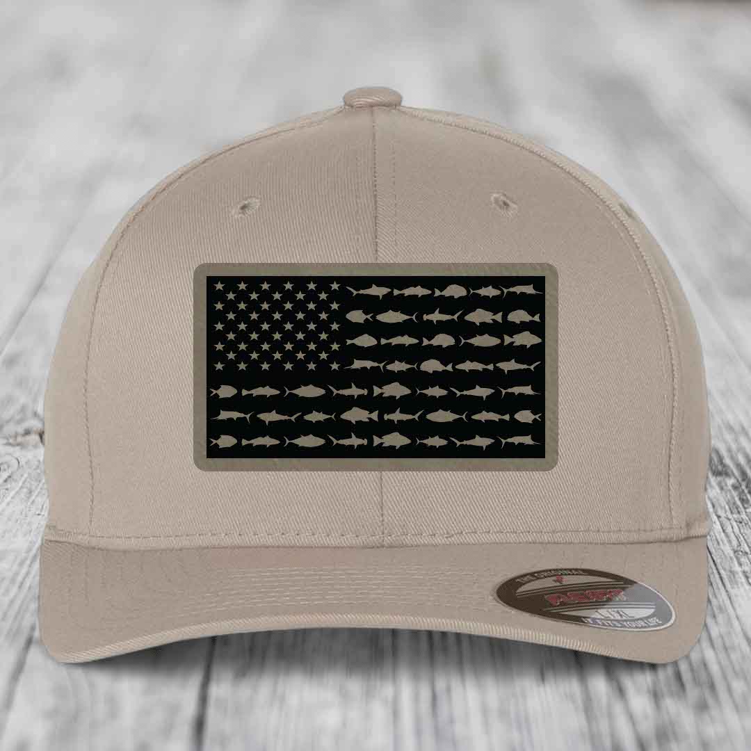 Beige baseball cap with American flag patch made of fish silhouettes.