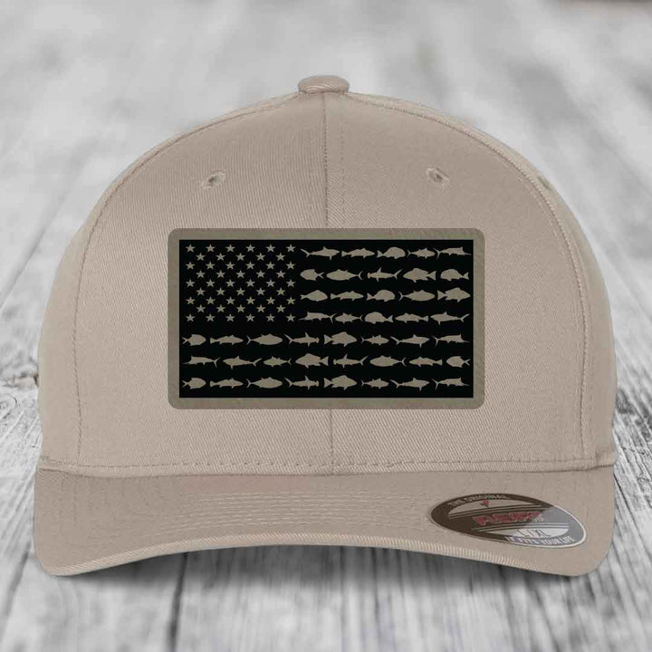 Beige baseball cap with American flag patch made of fish silhouettes.