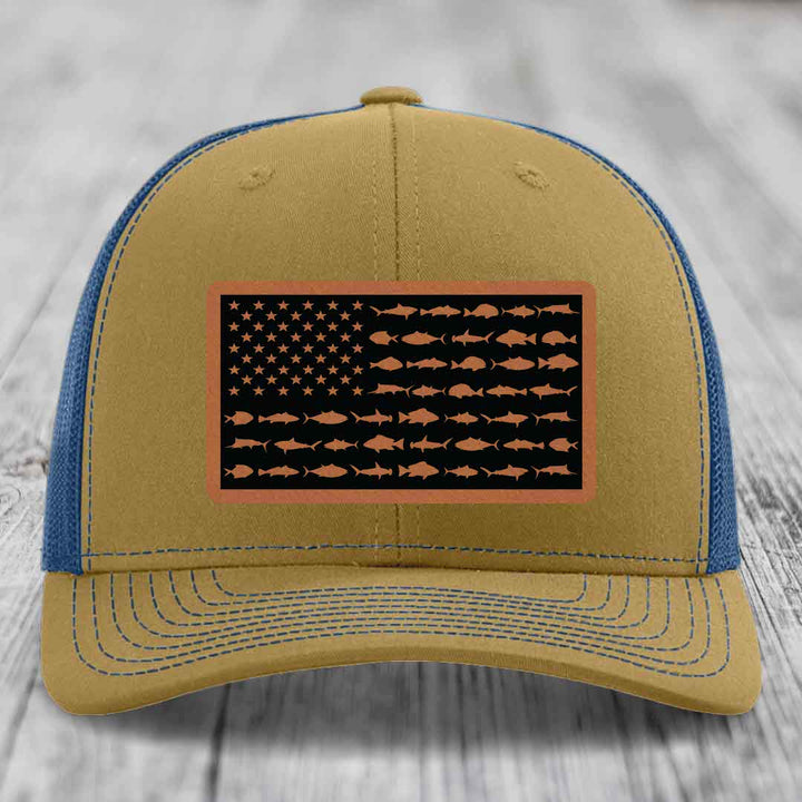 American Flag Saltwater Fish - Leather Patch Hat - Rawhide to Black Patch - Richardson 112 Snapback Trucker Hat