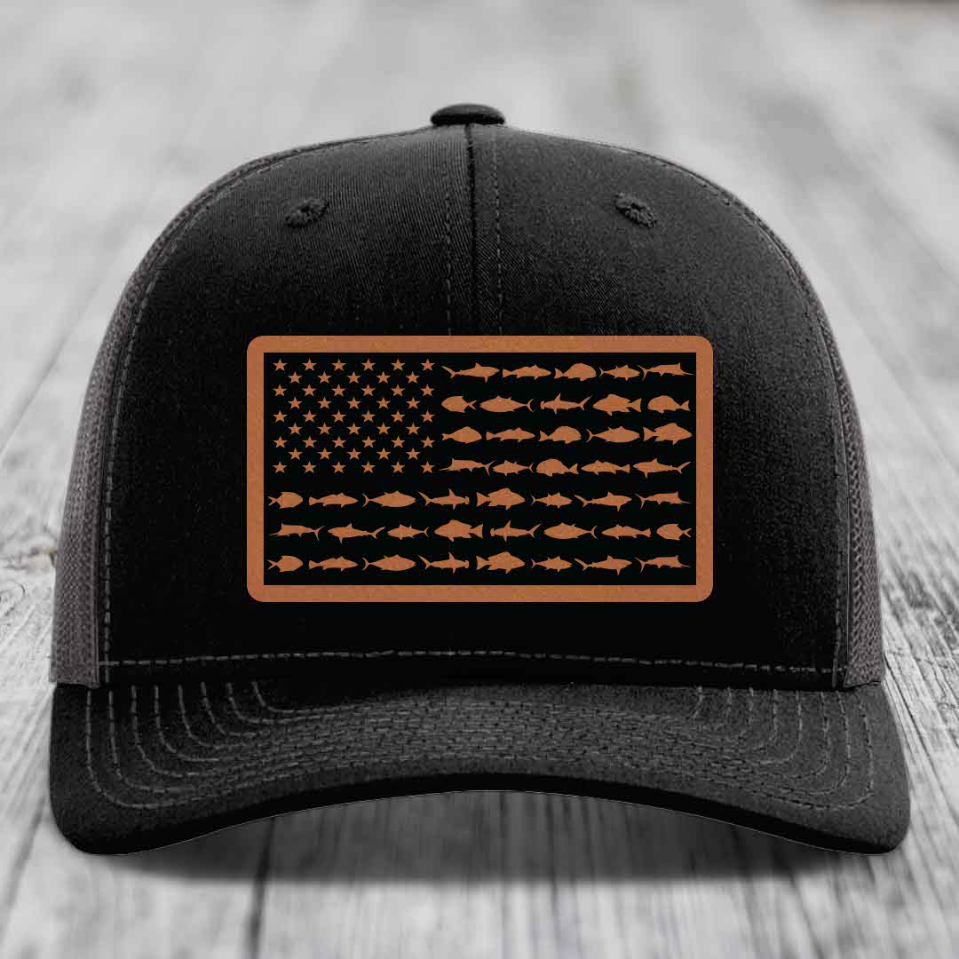 American Flag Saltwater Fish - Leather Patch Hat - Rawhide to Black Patch - Richardson 112 Snapback Trucker Hat