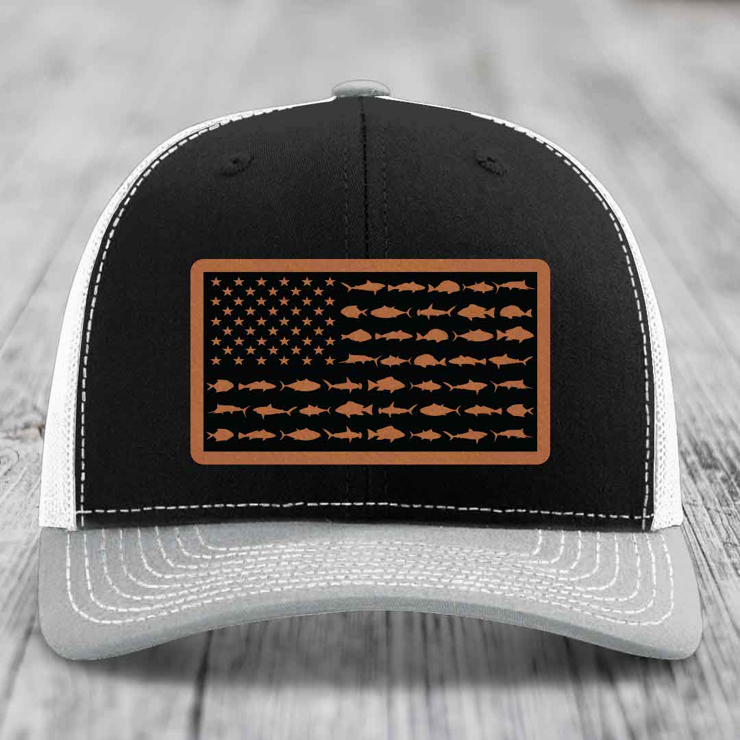 American Flag Saltwater Fish - Leather Patch Hat - Rawhide to Black Patch - Richardson 112 Snapback Trucker Hat