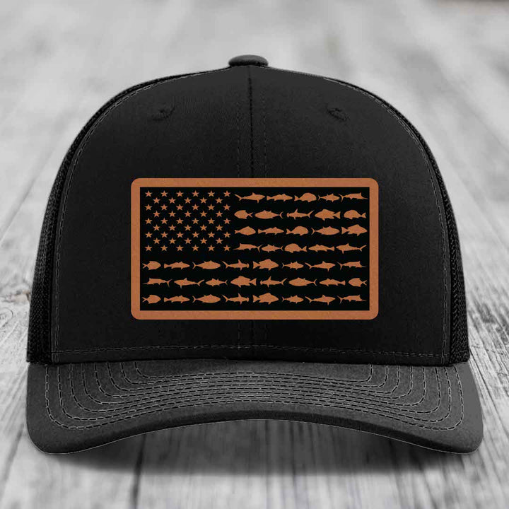 American Flag Saltwater Fish - Leather Patch Hat - Rawhide to Black Patch - Richardson 112 Snapback Trucker Hat