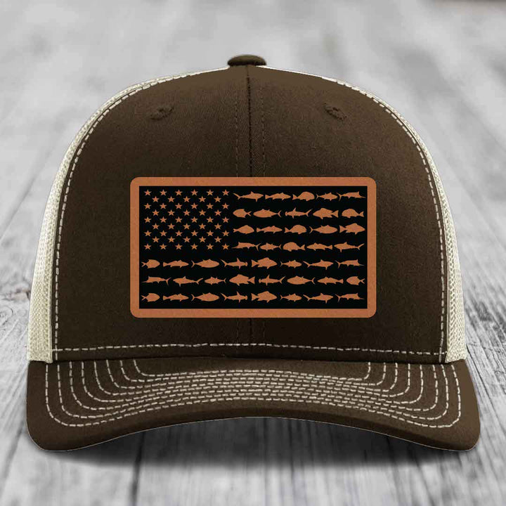 American Flag Saltwater Fish - Leather Patch Hat - Rawhide to Black Patch - Richardson 112 Snapback Trucker Hat
