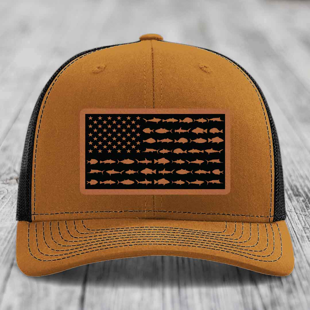 American Flag Saltwater Fish - Leather Patch Hat - Rawhide to Black Patch - Richardson 112 Snapback Trucker Hat